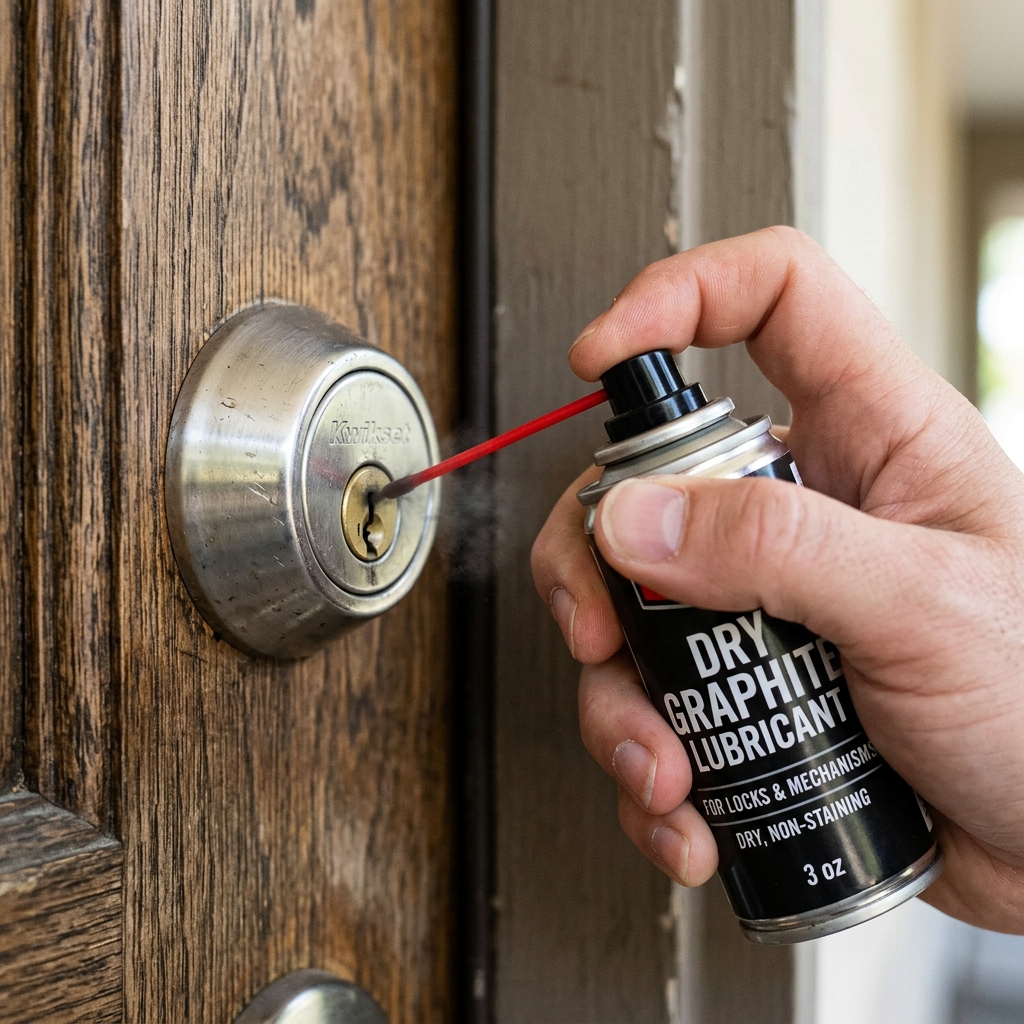 Close-up of a hand spraying dry graphite powder lubricant into a door lock keyhole cylinder
