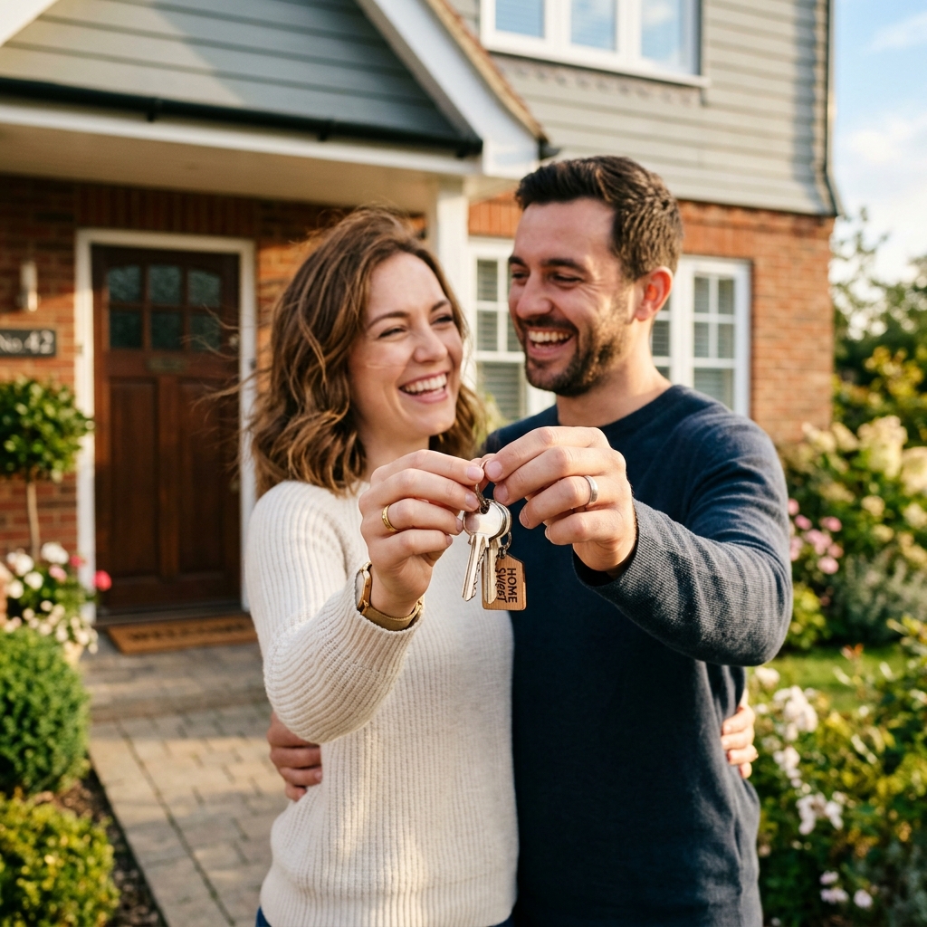 Happy couple holding a set of keys in front of their new brick house