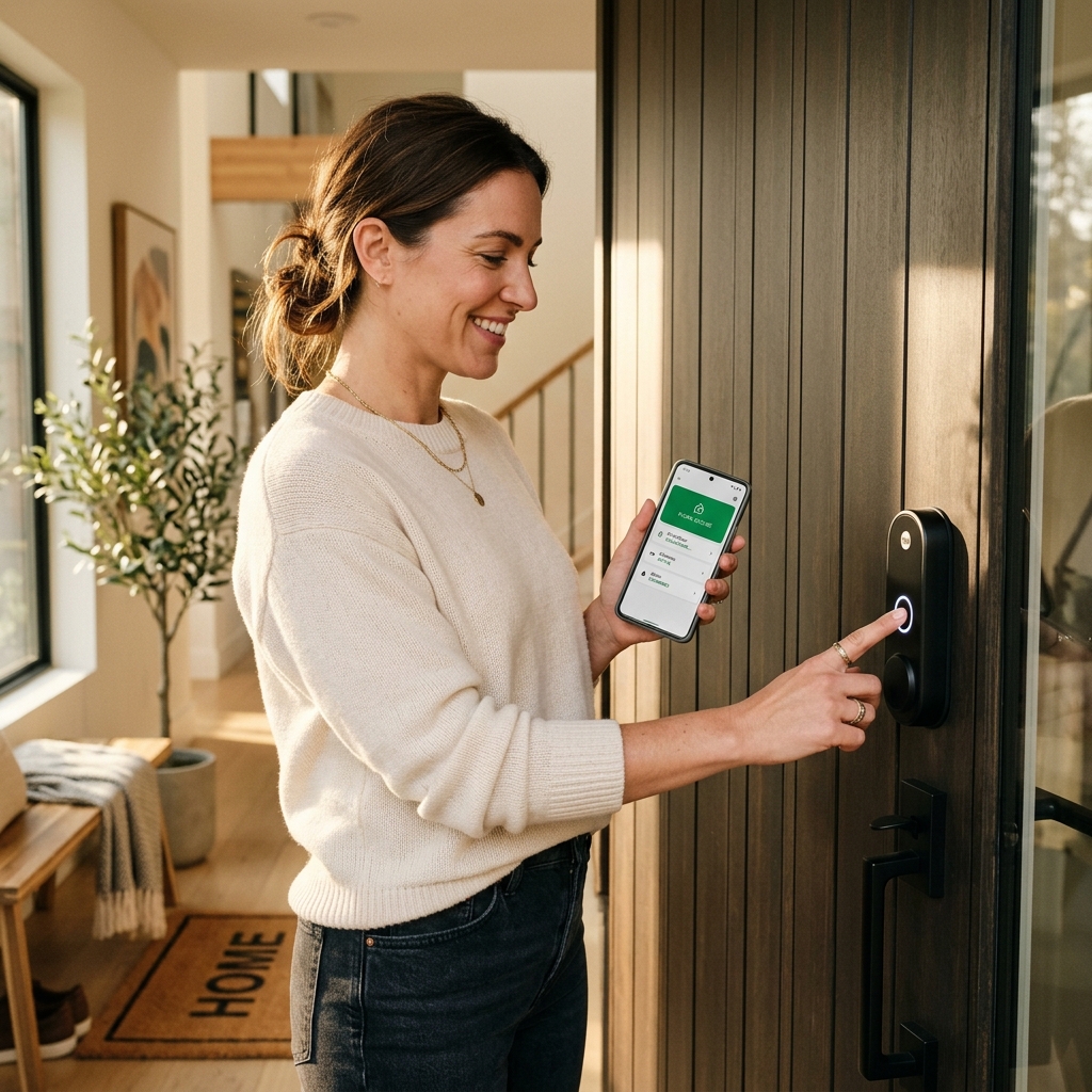 Lifestyle photo of a person unlocking their front door by touching a sleek smart lock with their fingerprint