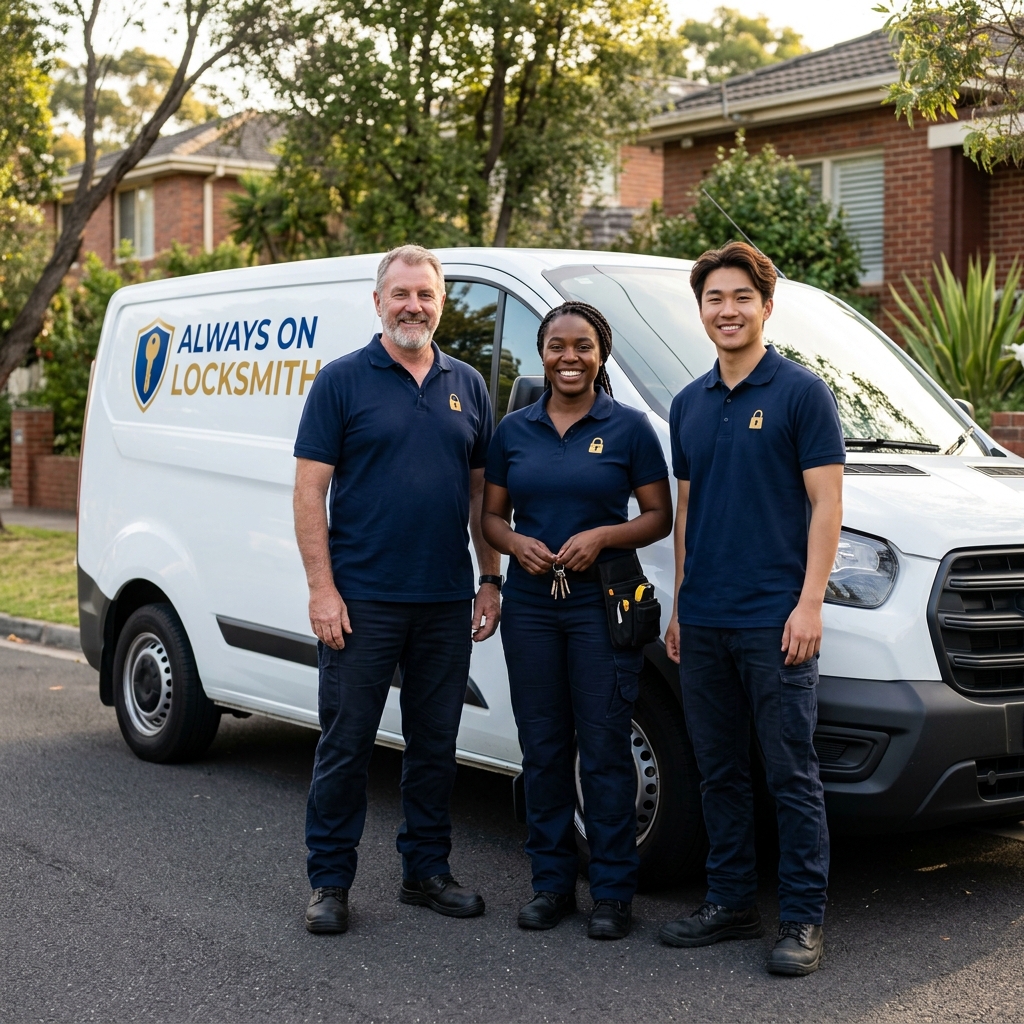 Professional diverse locksmith team smiling next to a clean mobile service van
