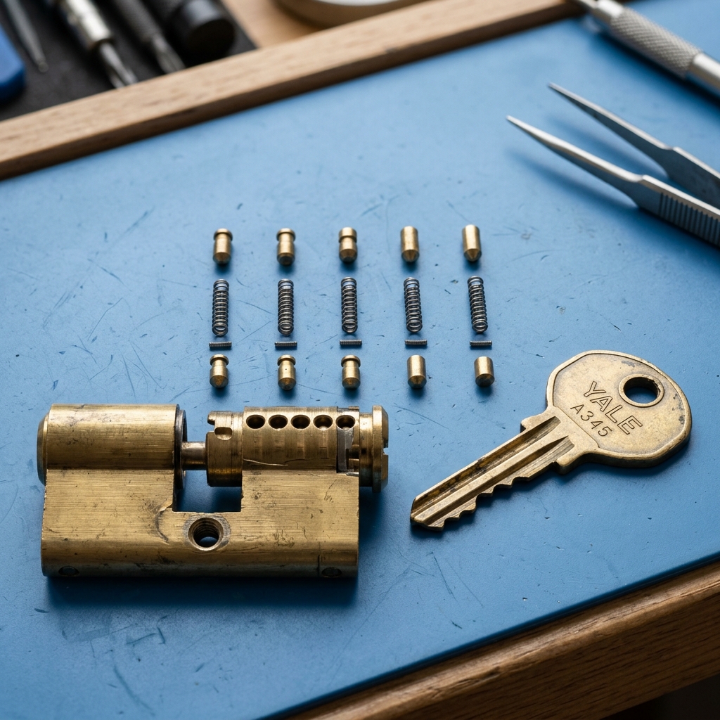 Macro close-up of a disassembled brass lock cylinder and tiny pins arranged on blue workbench