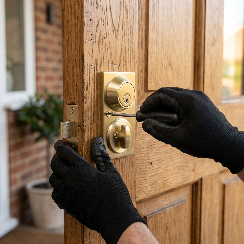 Installing a brand new high-security deadbolt lock on a solid timber front door